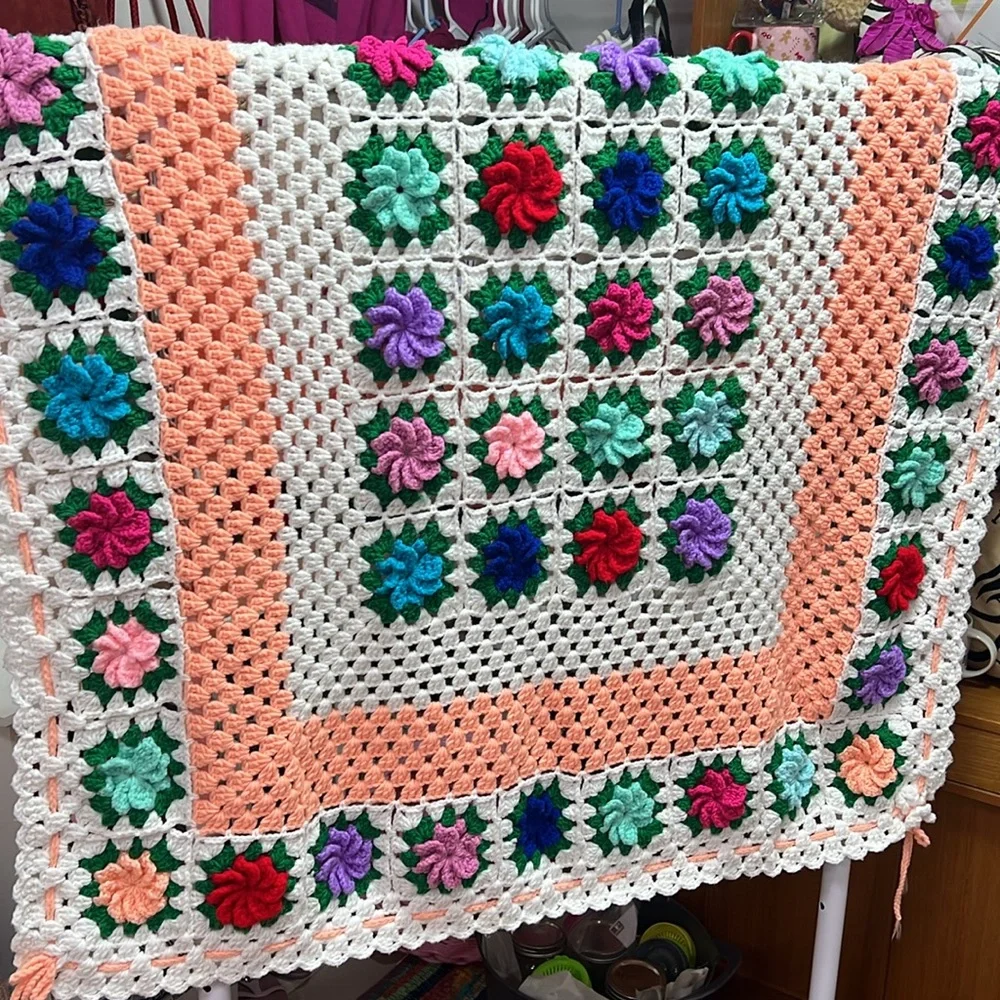 Throw Floral Knitted Hand Made Crafted 46 x43